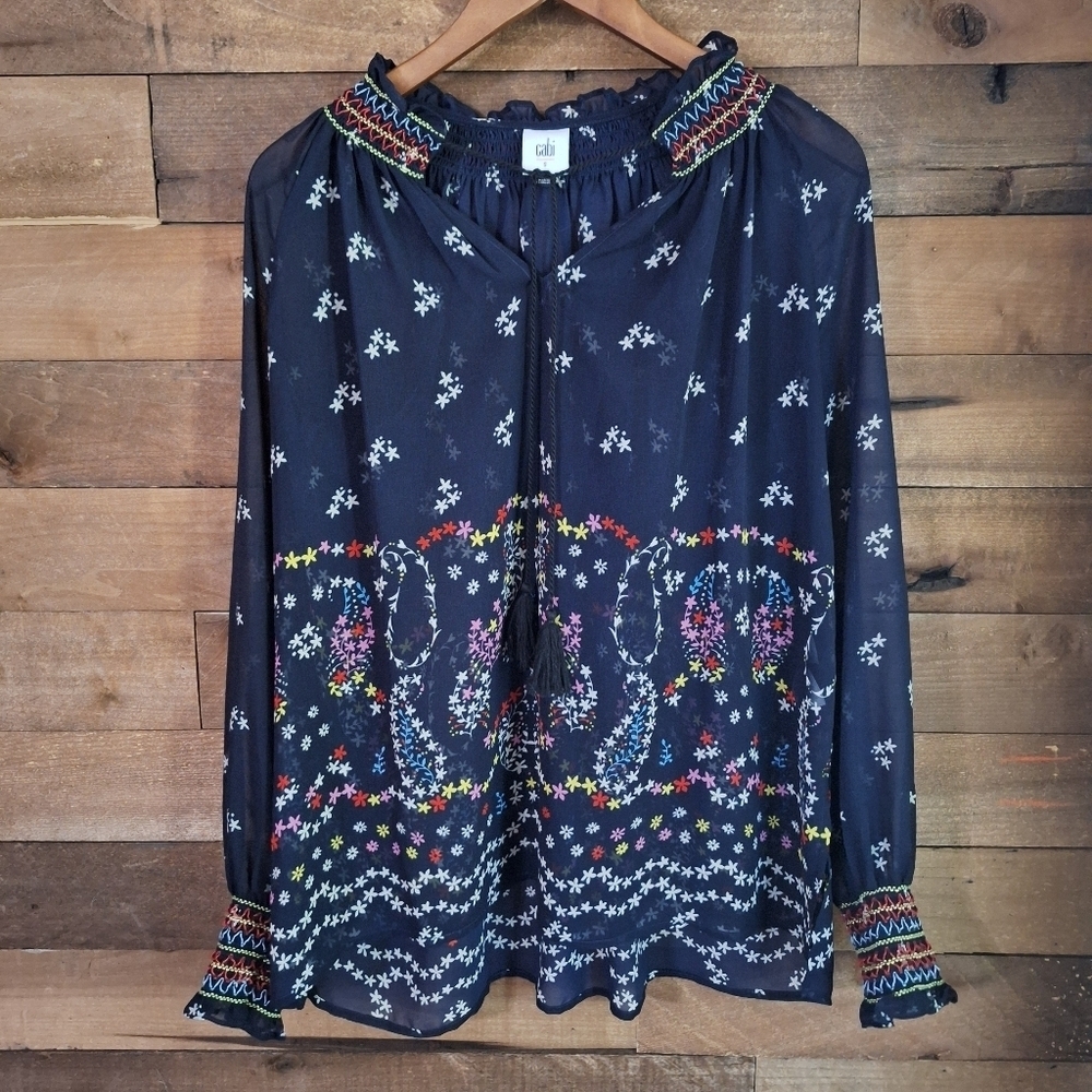 Cabi Sheer Boho Peasant Top Blouse Small Navy Floral Embroidered Tassels Smocked